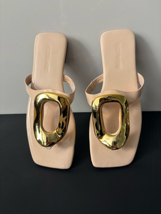 Shoes - Gold-Accent Nude Slide Sandals